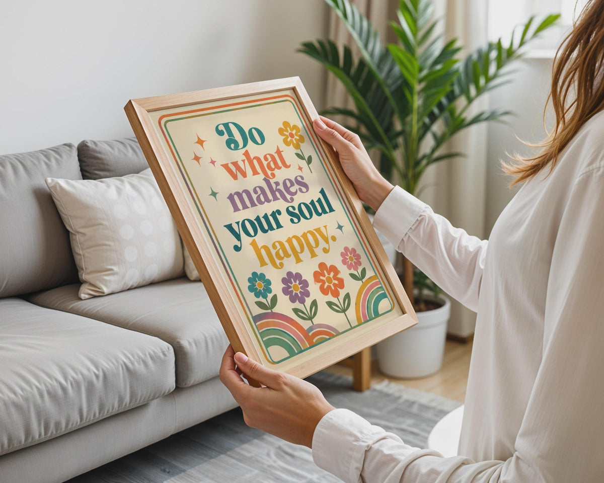 Retro Floral Quote Poster, 70s Rainbow Boho Wall Art (Printed)