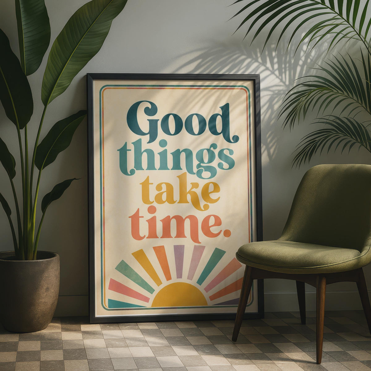 Retro 70s Sunburst Poster, Good Things Take Time Quote, Boho Typography Wall Art
