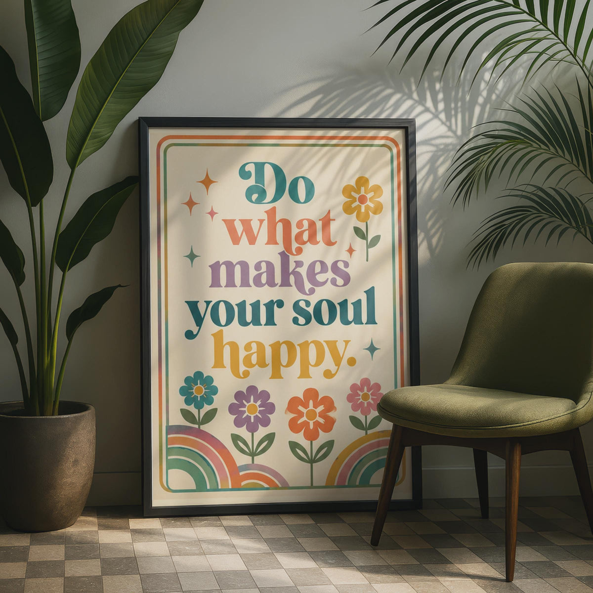 Retro Floral Quote Poster, 70s Rainbow Boho Wall Art (Printed)