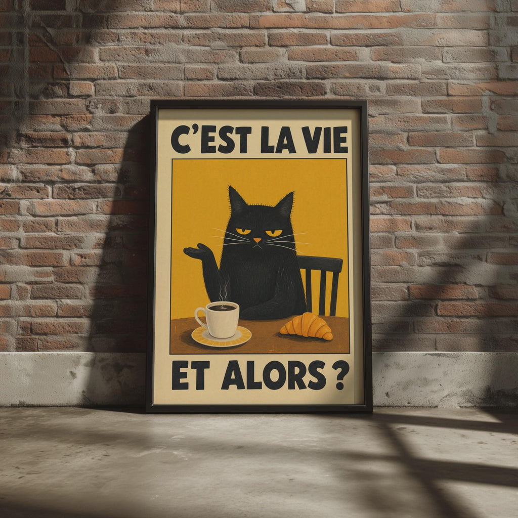 C'est La Vie Black Cat Poster, Grumpy Coffee Print, Vintage French Quote Wall Art