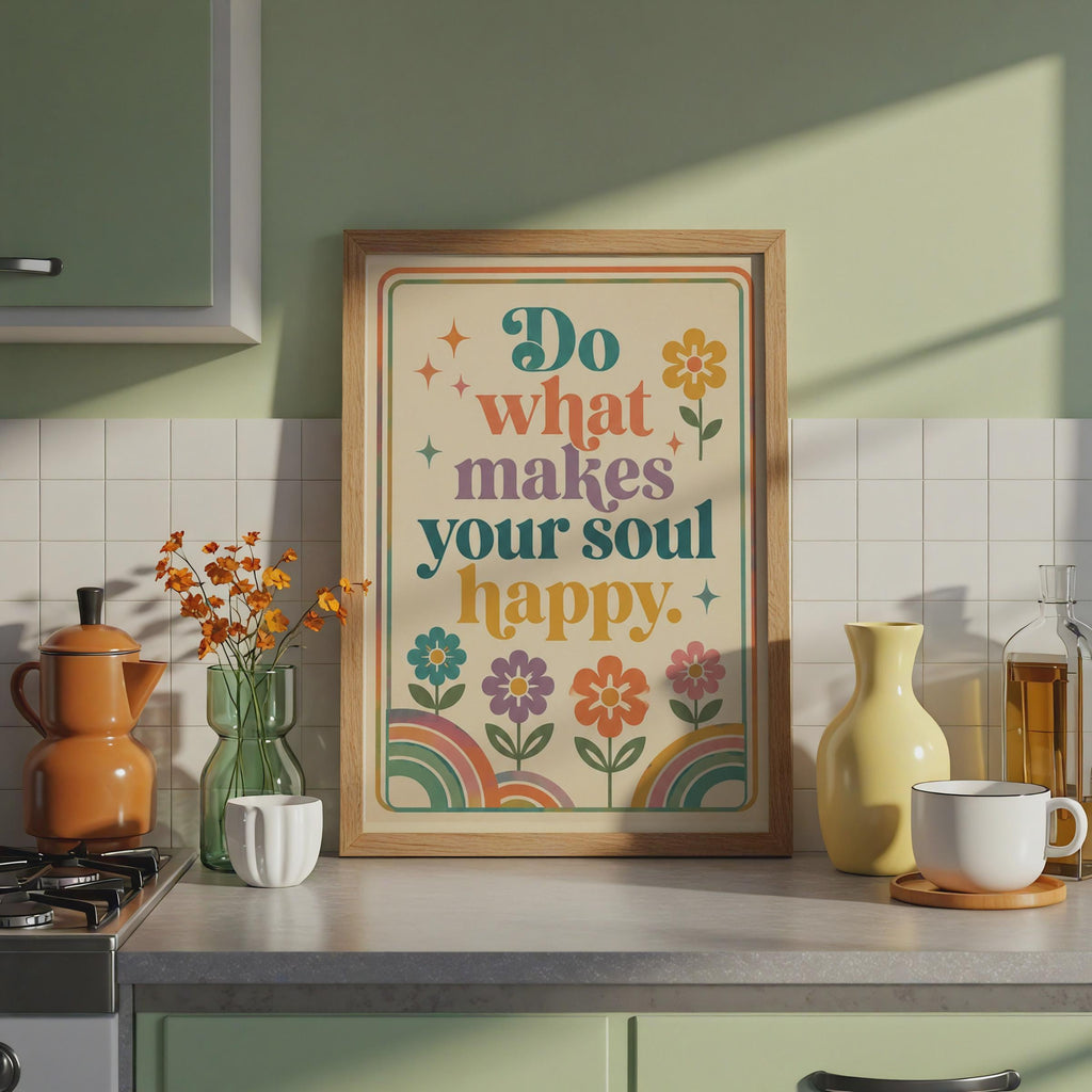 Retro Floral Quote Poster, 70s Groovy Rainbow Print, Boho Motivational Wall Art