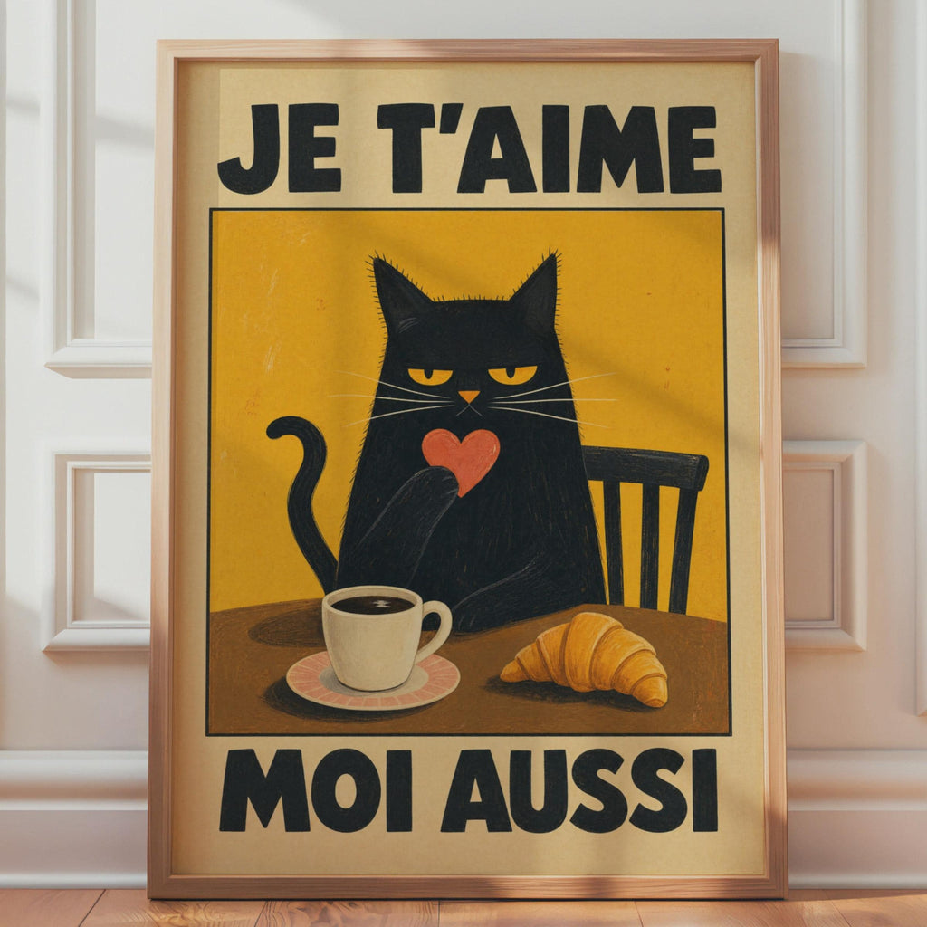 Black Cat Cafe Print, Grumpy French Coffee Croissant Art, Retro Paris Kitchen Decor