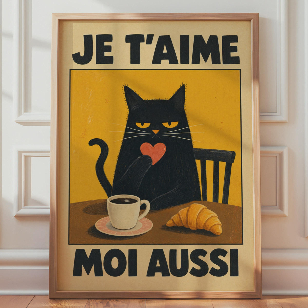 Black Cat Cafe Print, Grumpy French Coffee Croissant Art, Retro Paris Kitchen Decor
