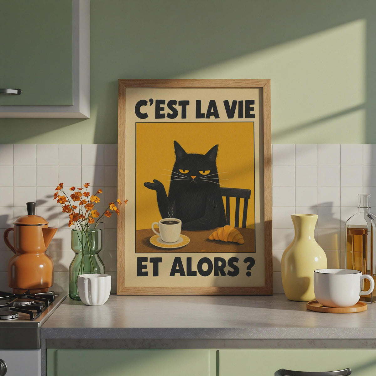 C'est La Vie Black Cat Poster, Grumpy Coffee Print, Vintage French Quote Wall Art