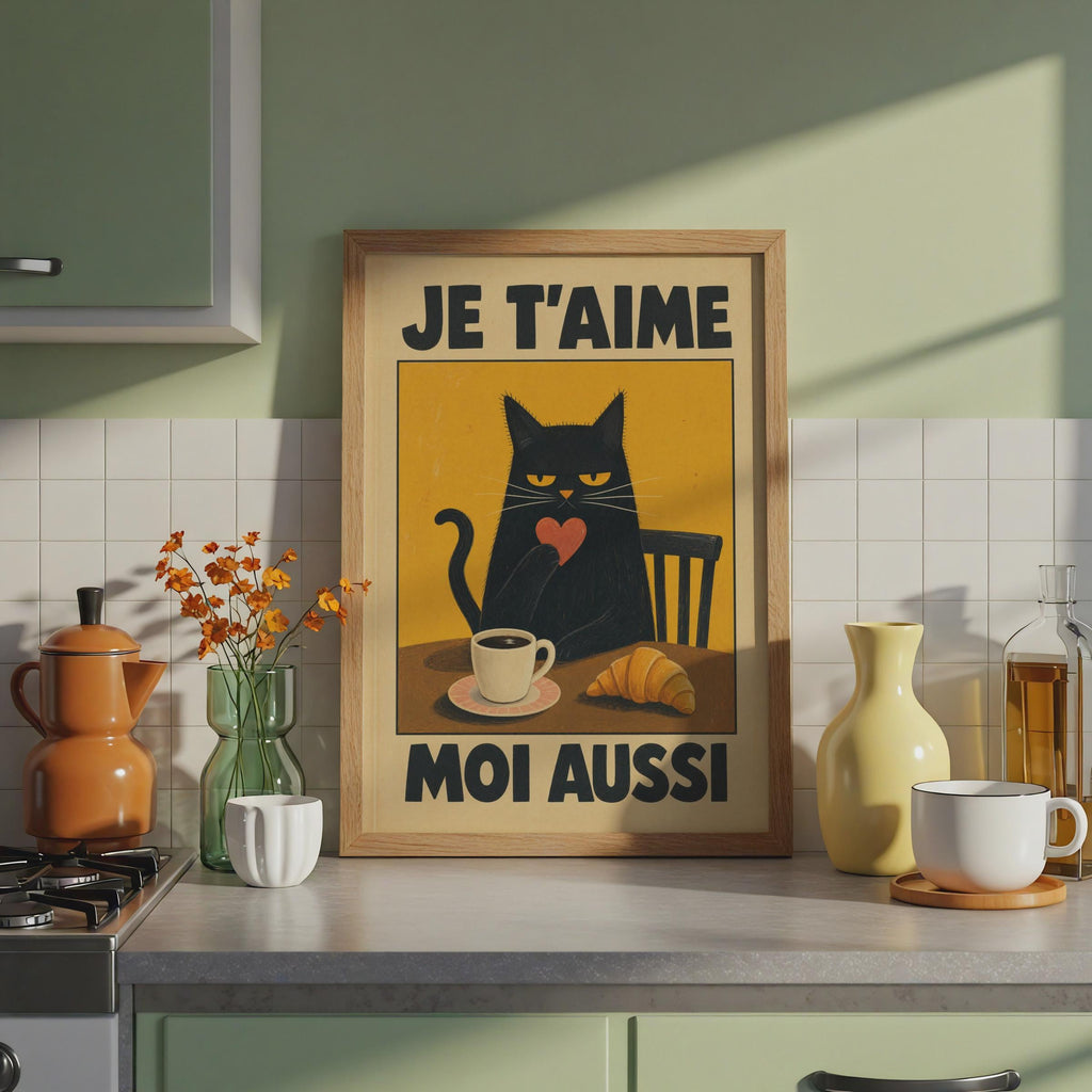 Black Cat Cafe Print, Grumpy French Coffee Croissant Art, Retro Paris Kitchen Decor