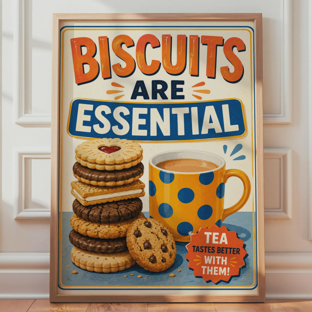 Biscuits Are Essential Tea Poster, Retro British Kitchen Wall Art (Print)
