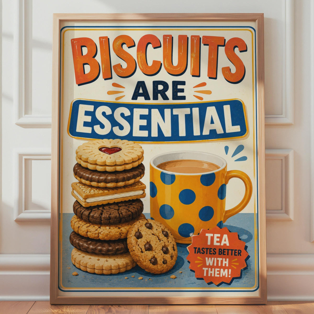 Biscuits Are Essential Tea Poster, Retro British Kitchen Wall Art (Print)