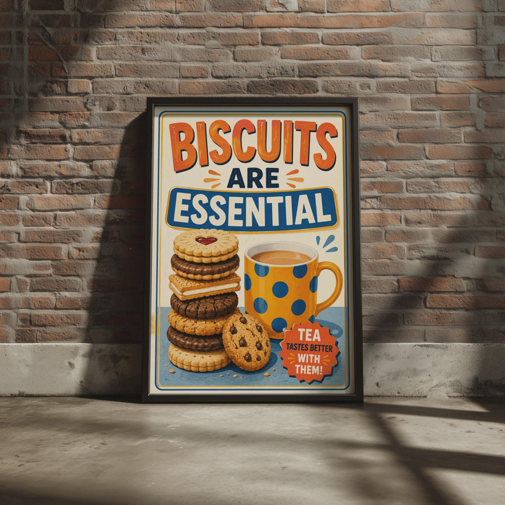 Biscuits Are Essential Tea Poster, Retro British Kitchen Wall Art (Print)