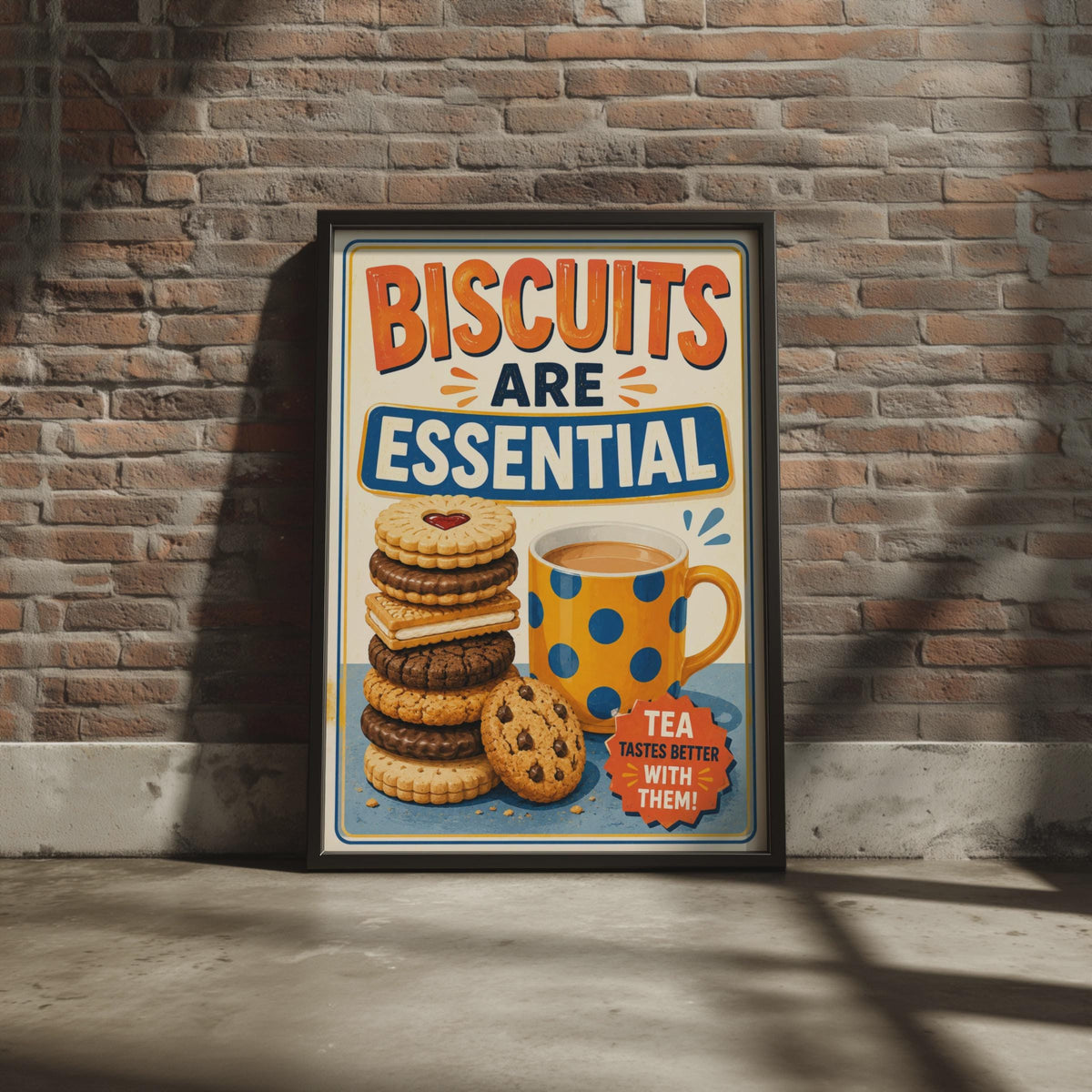 Biscuits Are Essential Tea Poster, Retro British Kitchen Wall Art (Print)