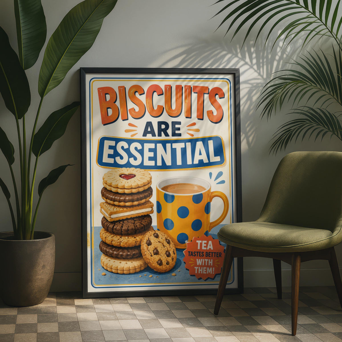 Biscuits Are Essential Tea Poster, Retro British Kitchen Wall Art (Print)