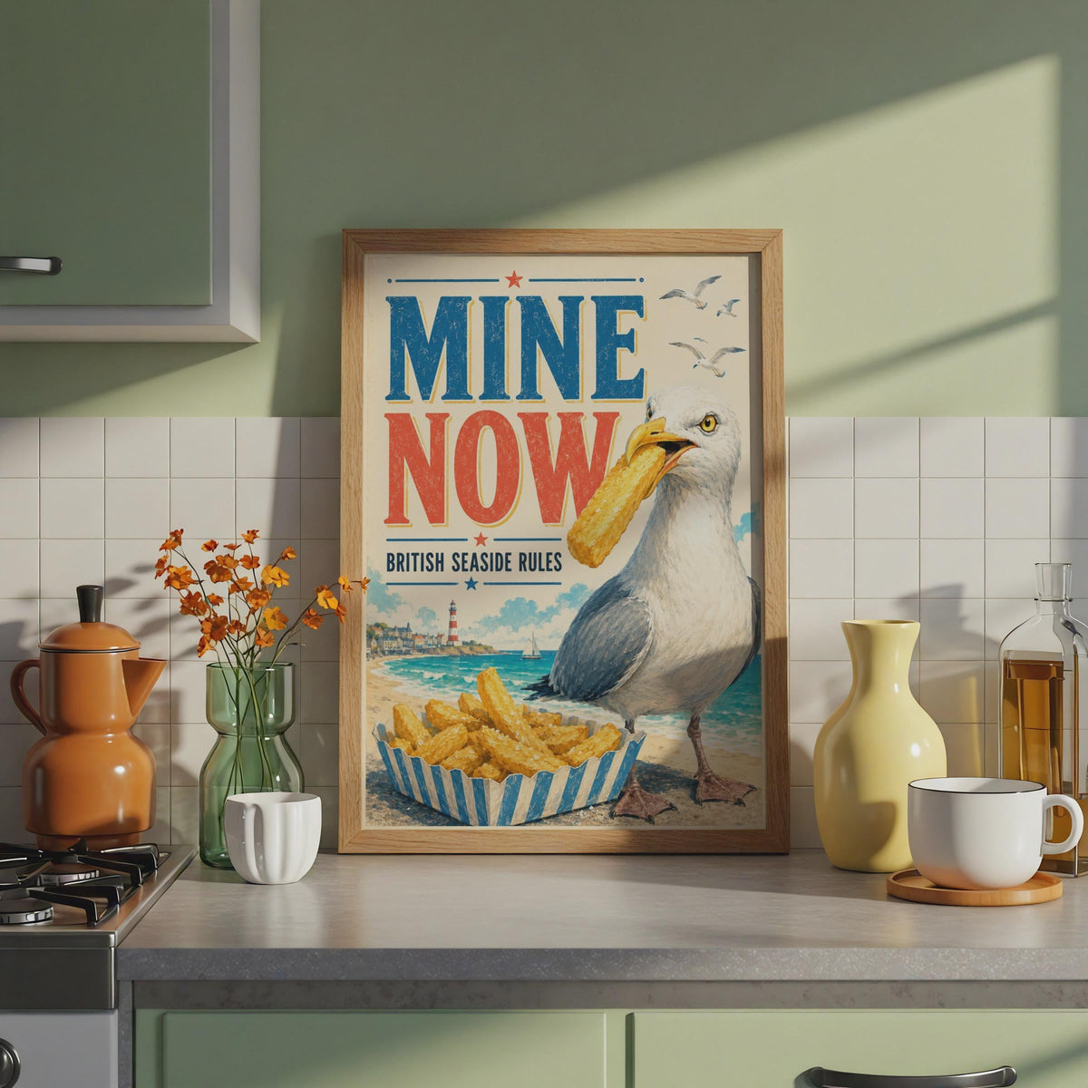 British Seaside Rules Poster, Seagull Chips, Retro Coastal Wall Art (Print)
