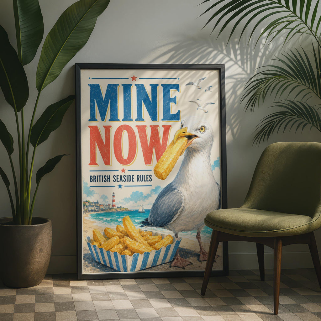 British Seaside Rules Poster, Seagull Chips, Retro Coastal Wall Art (Print)