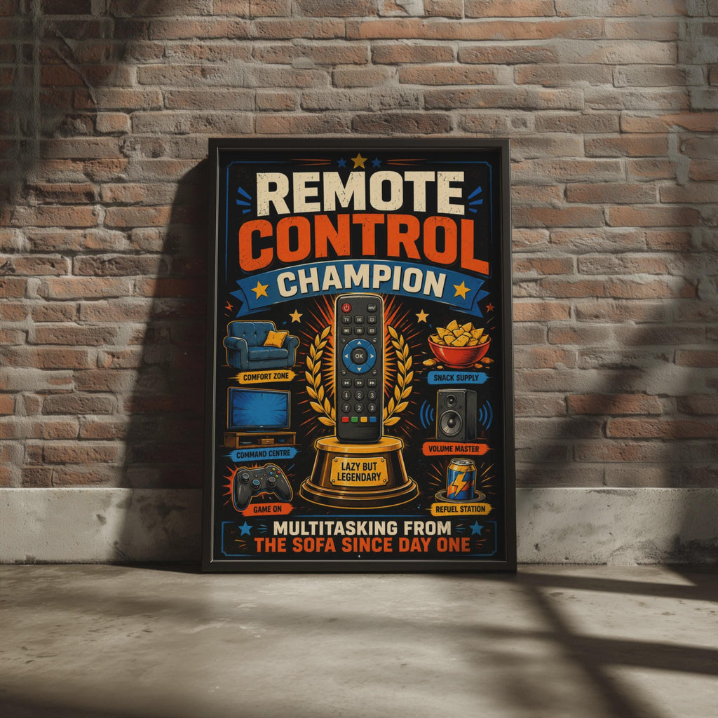 Remote Control Champion Poster, Lazy Sofa King Gift, Man Cave Decor (Print)