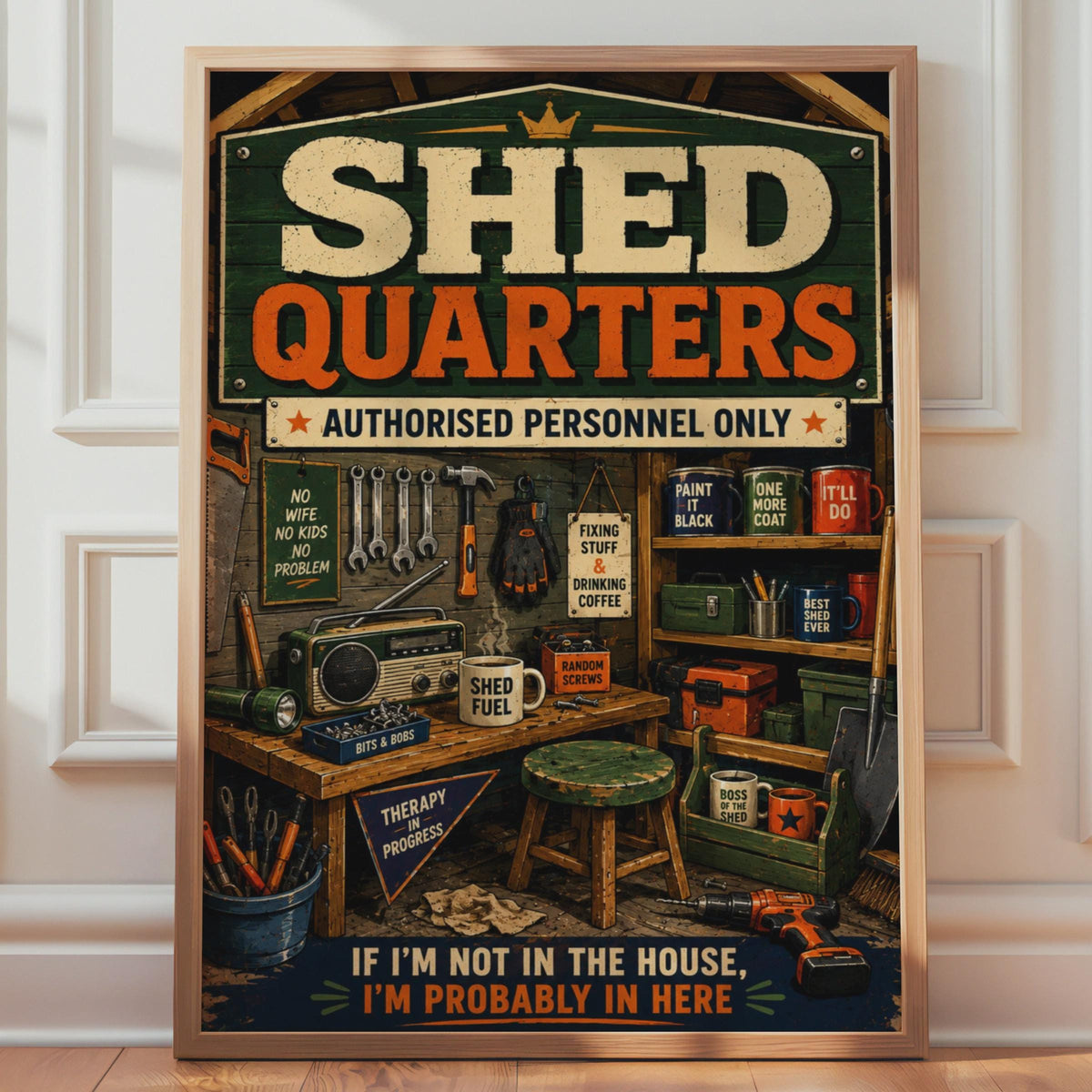 Shed Quarters Retro Poster, Man Cave Wall Art, DIY Gift for Dad