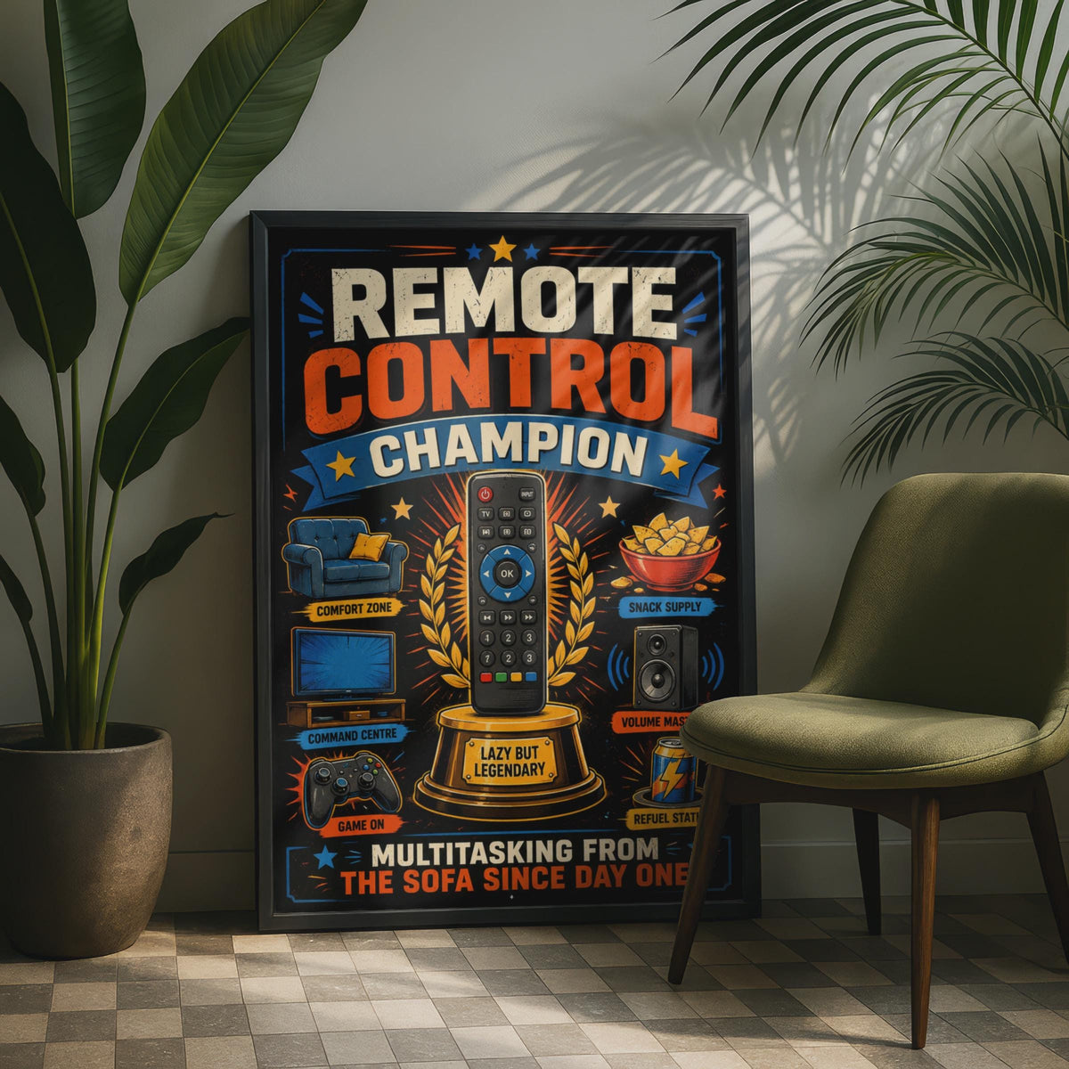 Remote Control Champion Poster, Lazy Sofa King Gift, Man Cave Decor (Print)