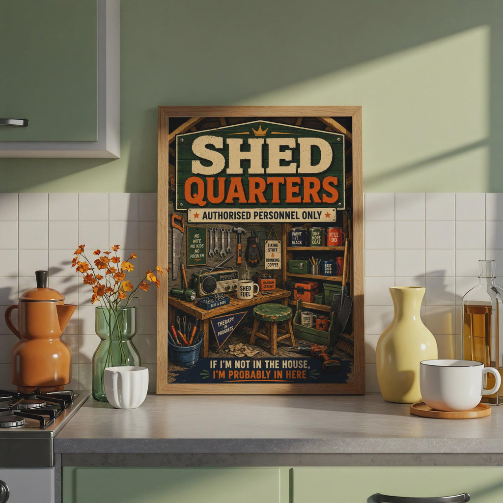 Shed Quarters Retro Poster, Man Cave Wall Art, DIY Gift for Dad