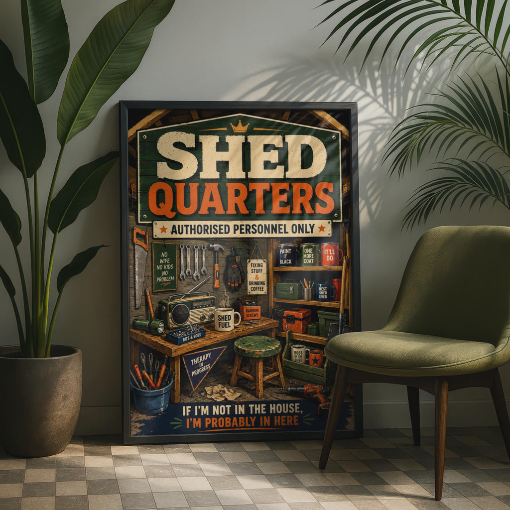 Shed Quarters Retro Poster, Man Cave Wall Art, DIY Gift for Dad