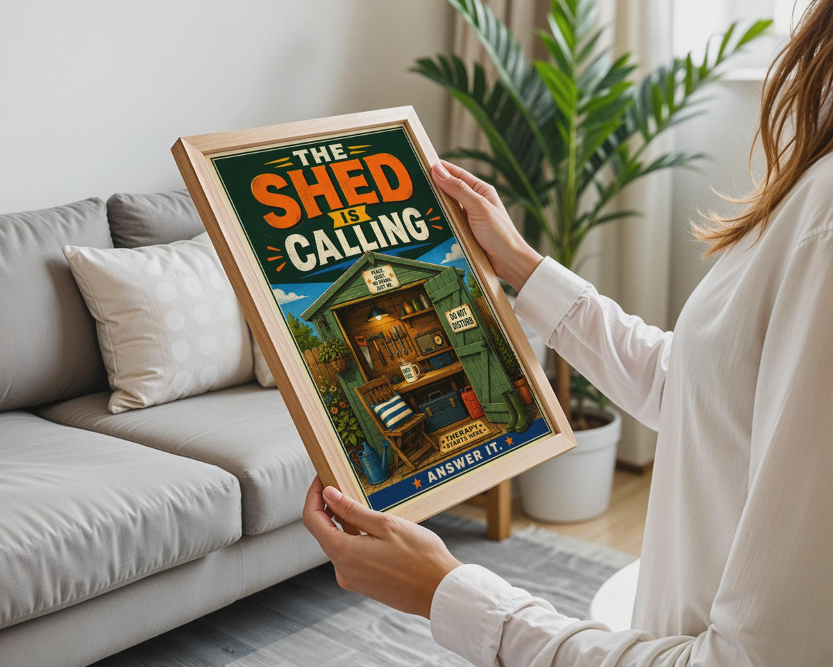 The Shed Is Calling Retro Poster, Man Cave Wall Art, Do Not Disturb Gift (A4)