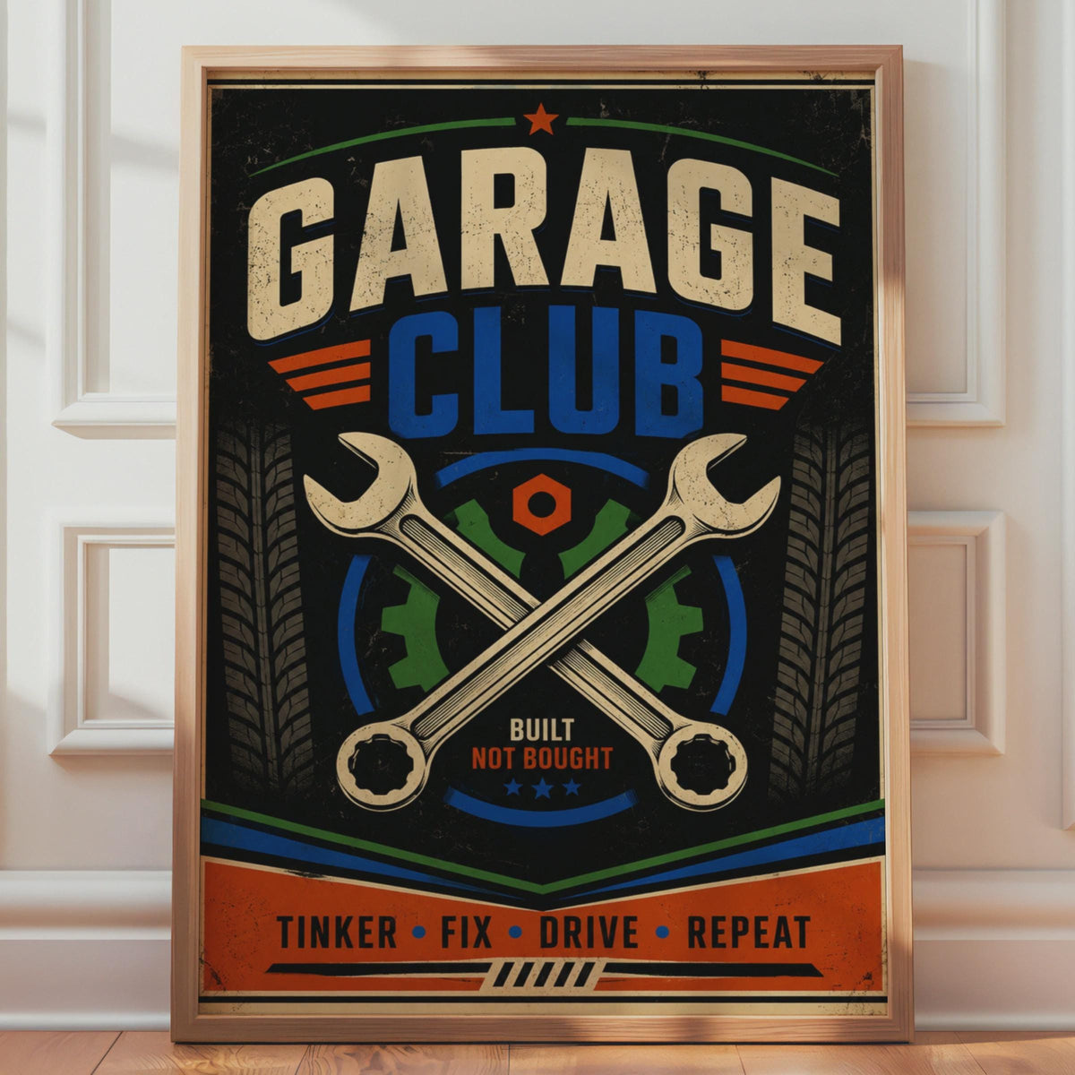Garage Club Poster, Retro Mechanic Wall Art, Built Not Bought Print (A4)