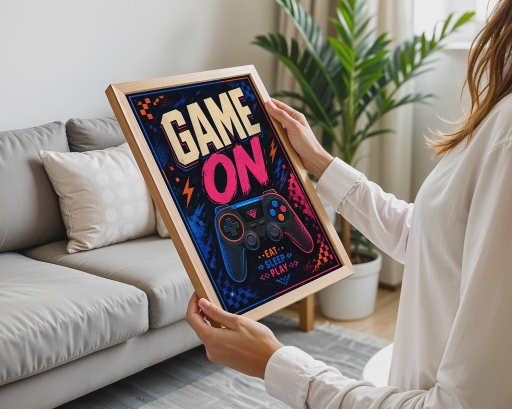 Game On Gaming Poster, Eat Sleep Play Wall Art, Neon Controller Decor (Printed Poster)