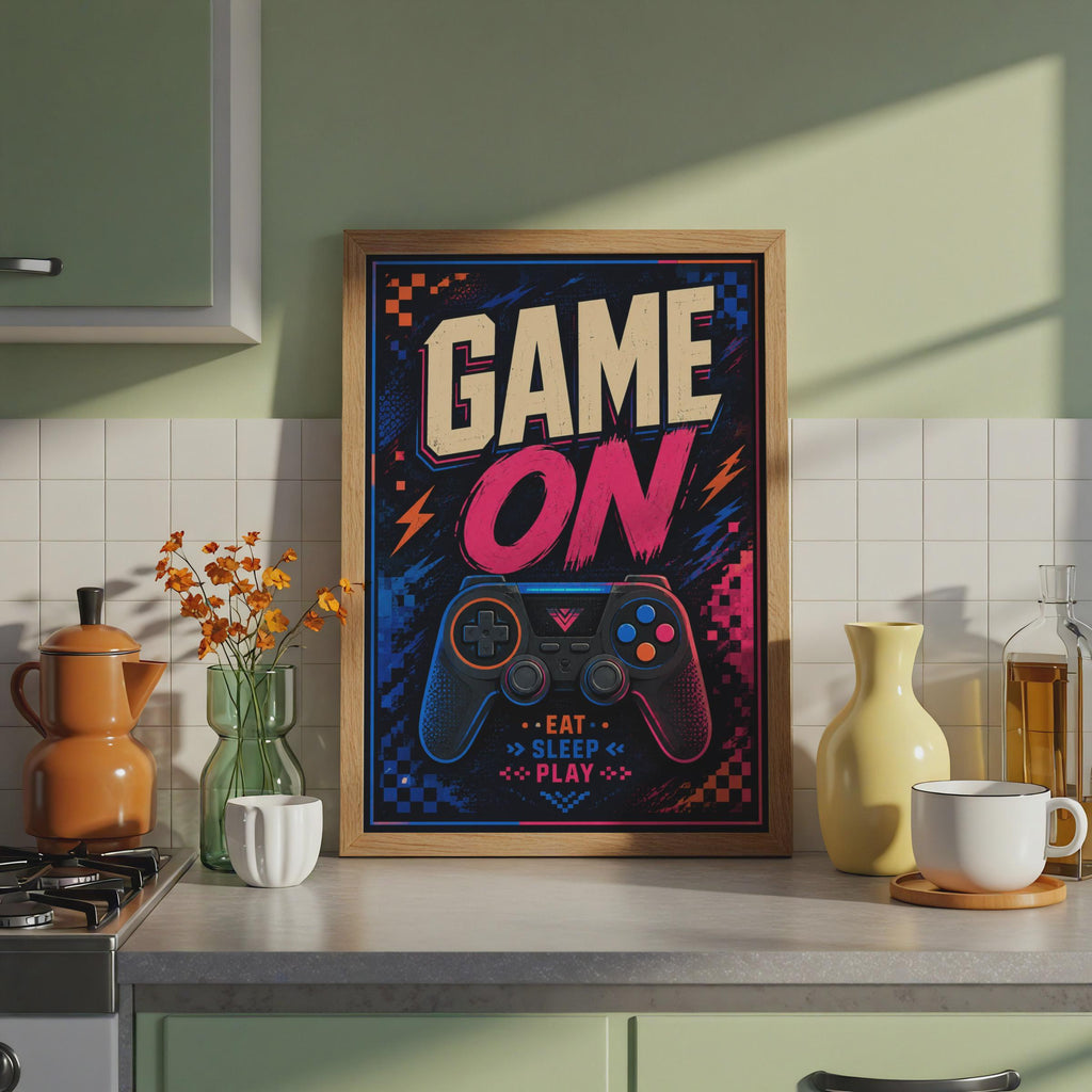 Game On Gaming Poster, Eat Sleep Play Wall Art, Neon Controller Decor (Printed Poster)