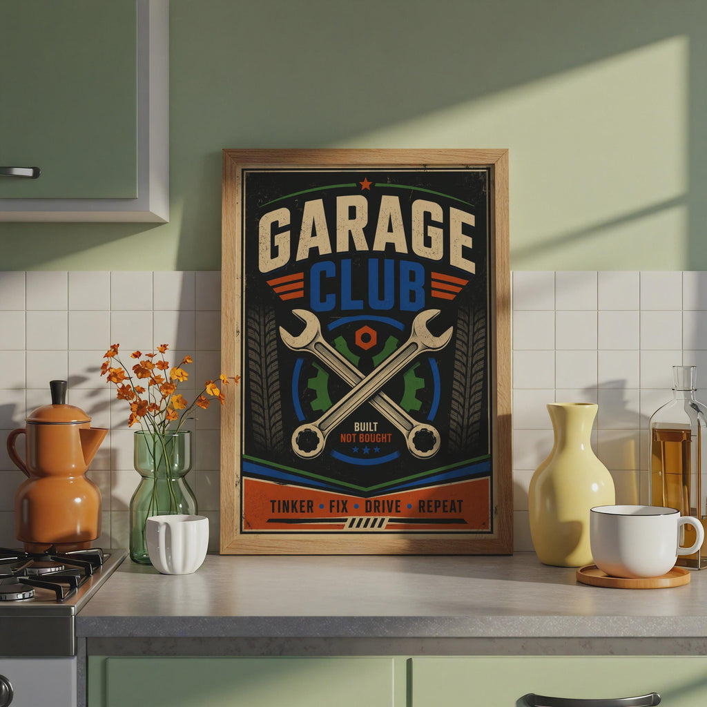 Garage Club Poster, Retro Mechanic Wall Art, Built Not Bought Print (A4)