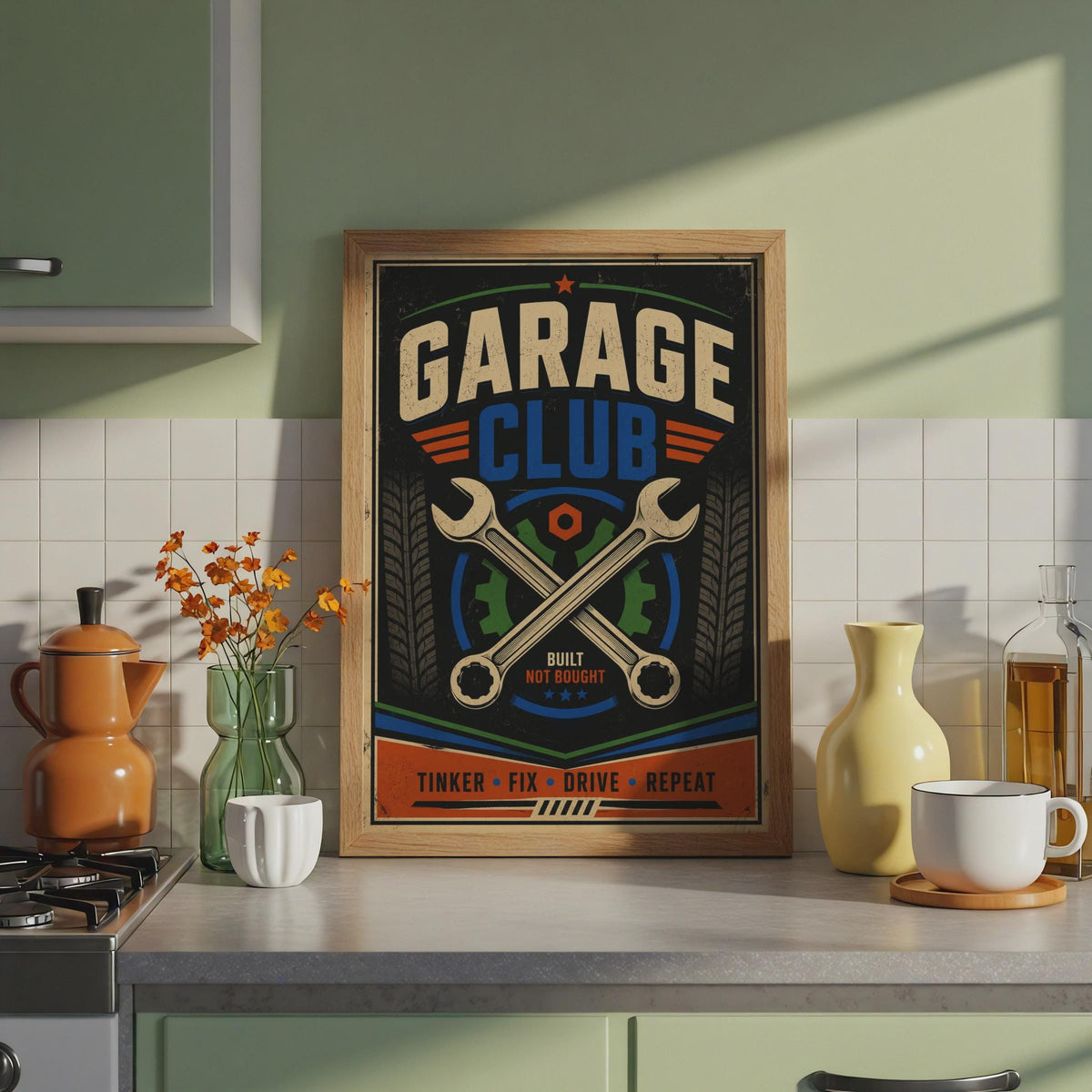 Garage Club Poster, Retro Mechanic Wall Art, Built Not Bought Print (A4)