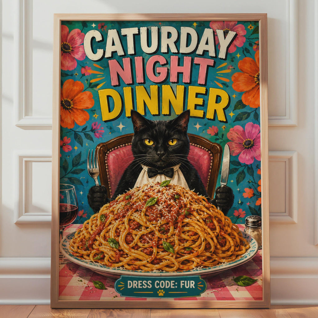 Caturday Night Dinner Black Cat Poster, Retro Floral Spaghetti Art (A4)