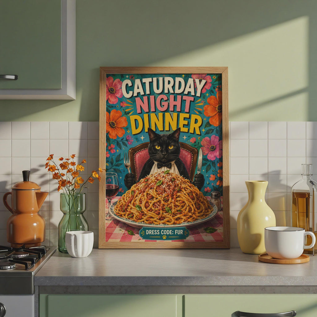 Caturday Night Dinner Black Cat Poster, Retro Floral Spaghetti Art (A4)