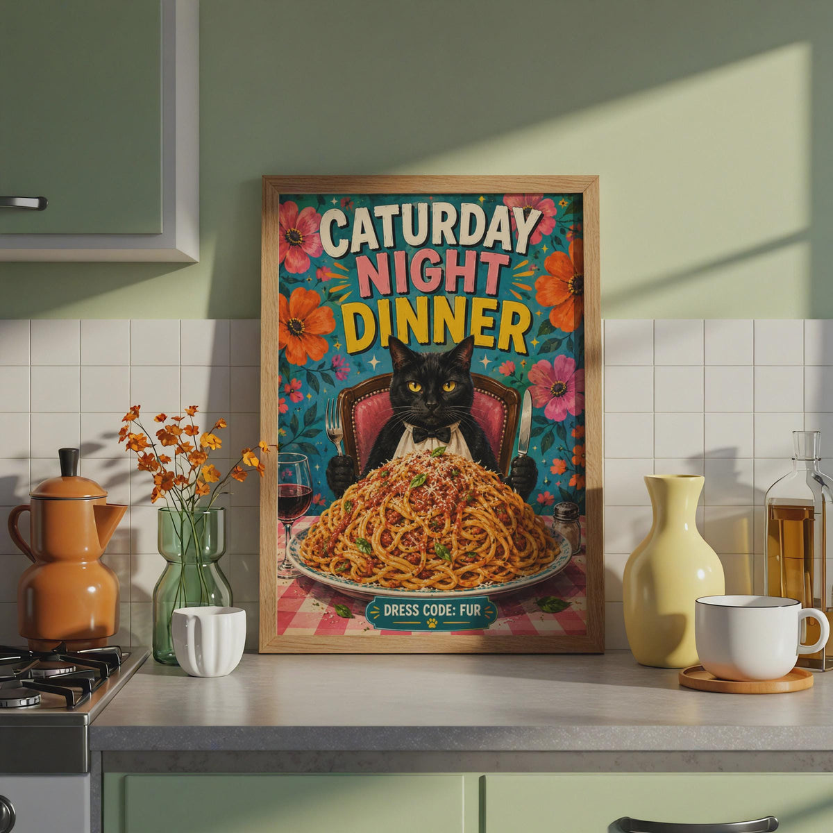 Caturday Night Dinner Black Cat Poster, Retro Floral Spaghetti Art (A4)