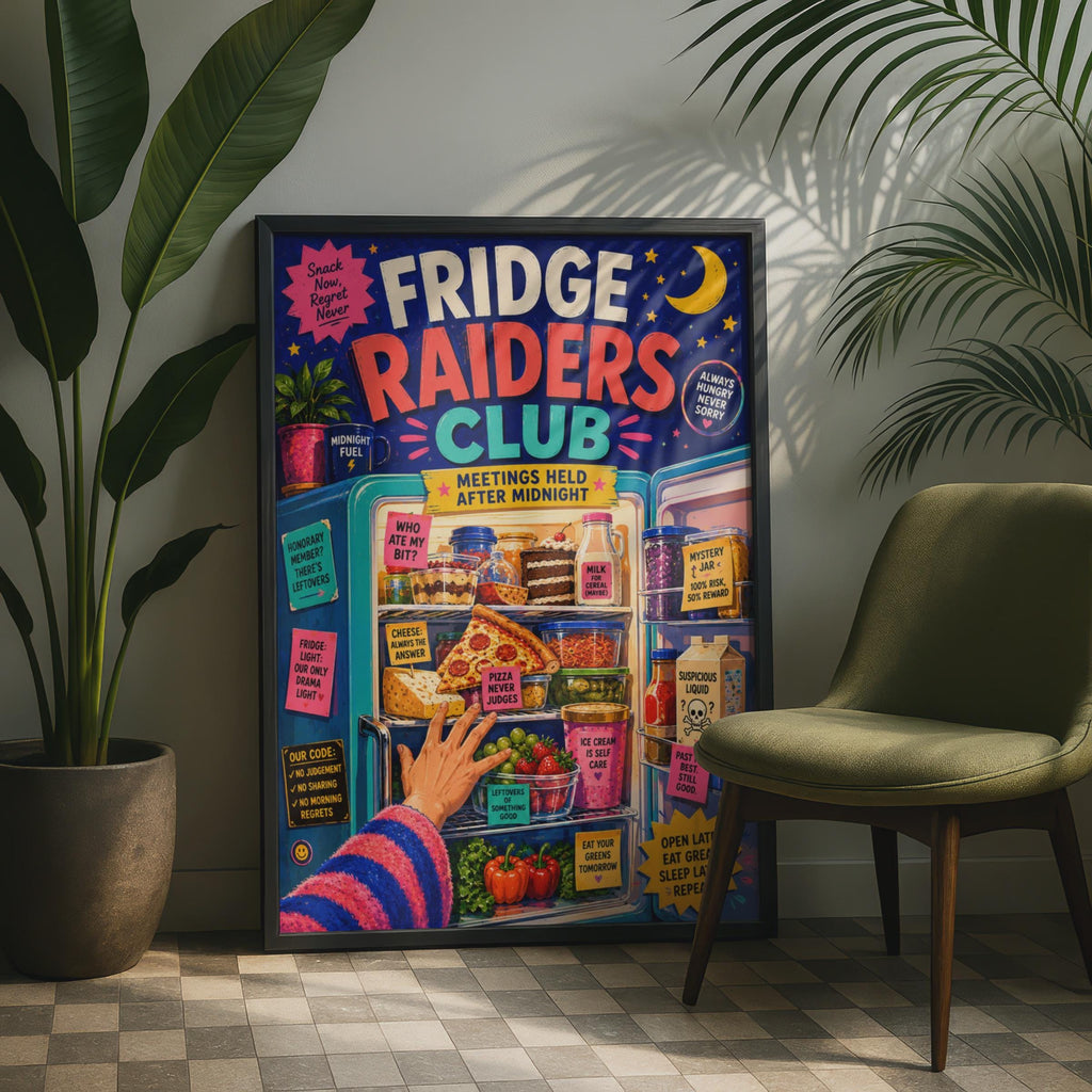 Fridge Raiders Club Poster, Retro Kitchen Wall Art, Midnight Snack Print (Physical)