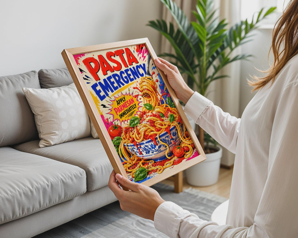 Pasta Emergency Pop Art Poster, Spaghetti Parmesan, Italian Kitchen Decor (Print)