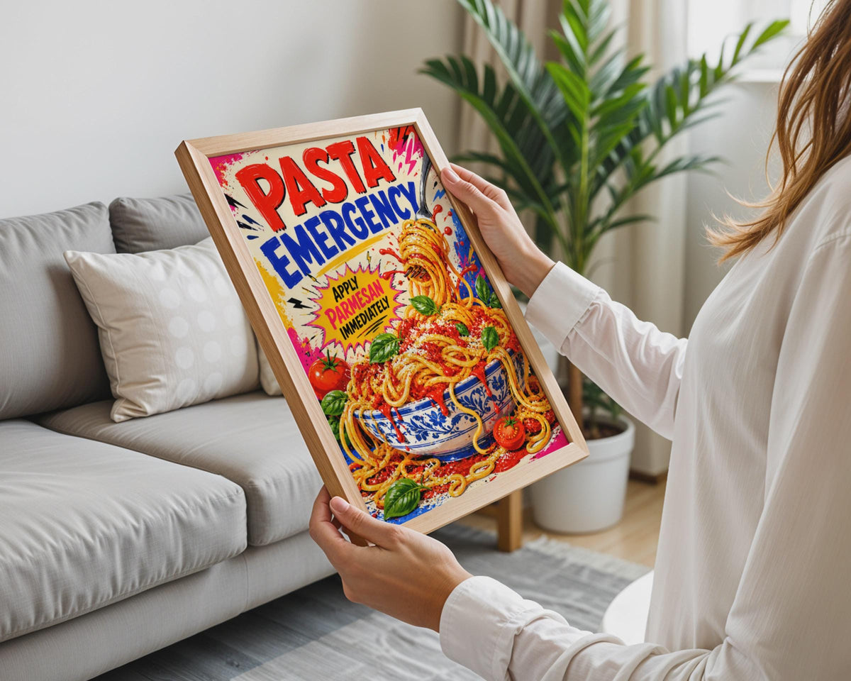Pasta Emergency Pop Art Poster, Spaghetti Parmesan, Italian Kitchen Decor (Print)