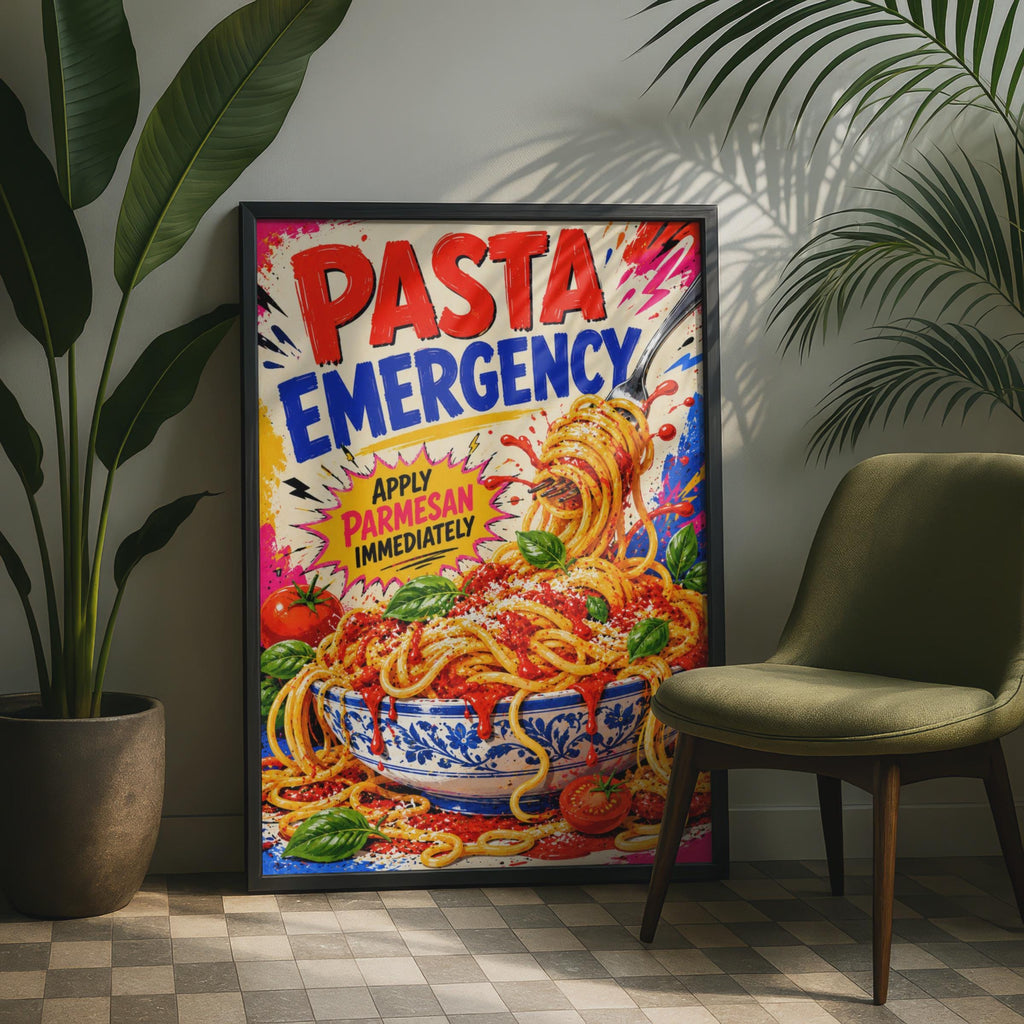 Pasta Emergency Pop Art Poster, Spaghetti Parmesan, Italian Kitchen Decor (Print)