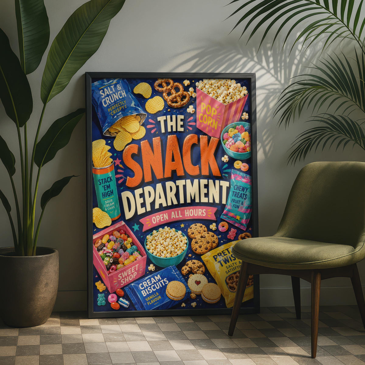 The Snack Department Poster, Retro Food Wall Art, Crisps Sweets Popcorn (Print)