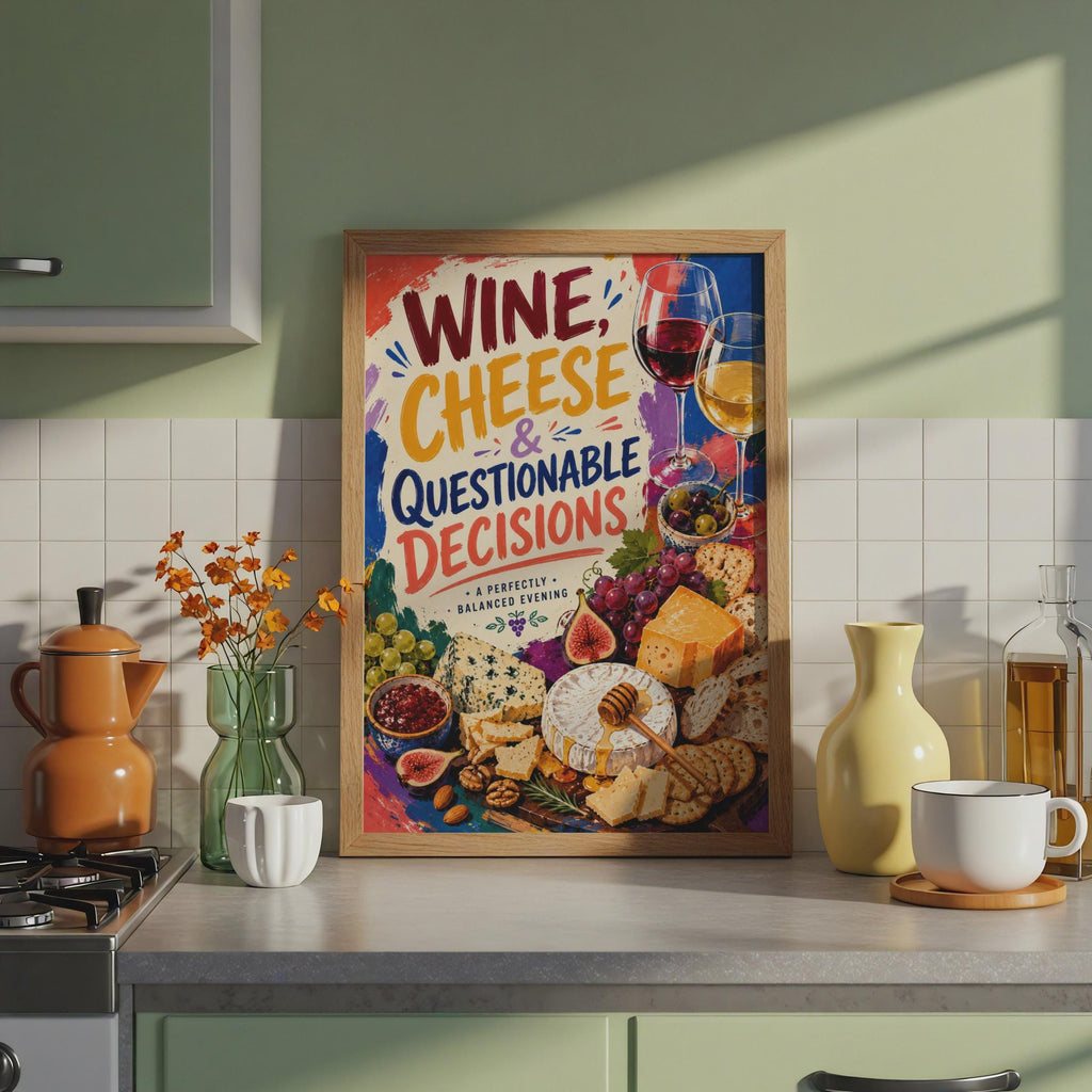 Wine Cheese Questionable Decisions Poster, Colorful Food Lover Wall Art (Print)