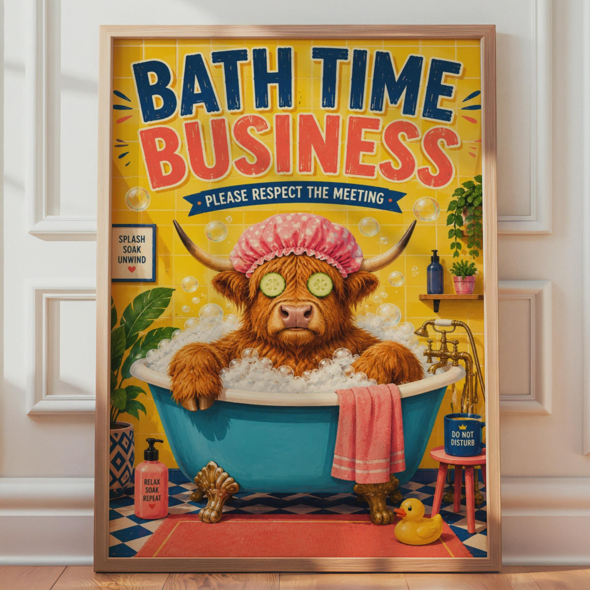 Highland Cow Bath Time Poster, Quirky Bathroom Wall Art Print (A4)