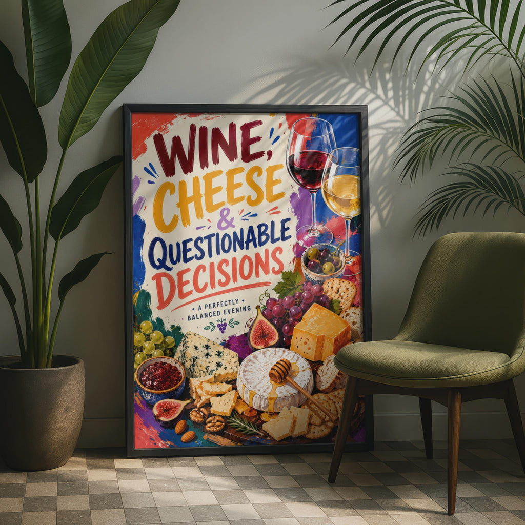 Wine Cheese Questionable Decisions Poster, Colorful Food Lover Wall Art (Print)