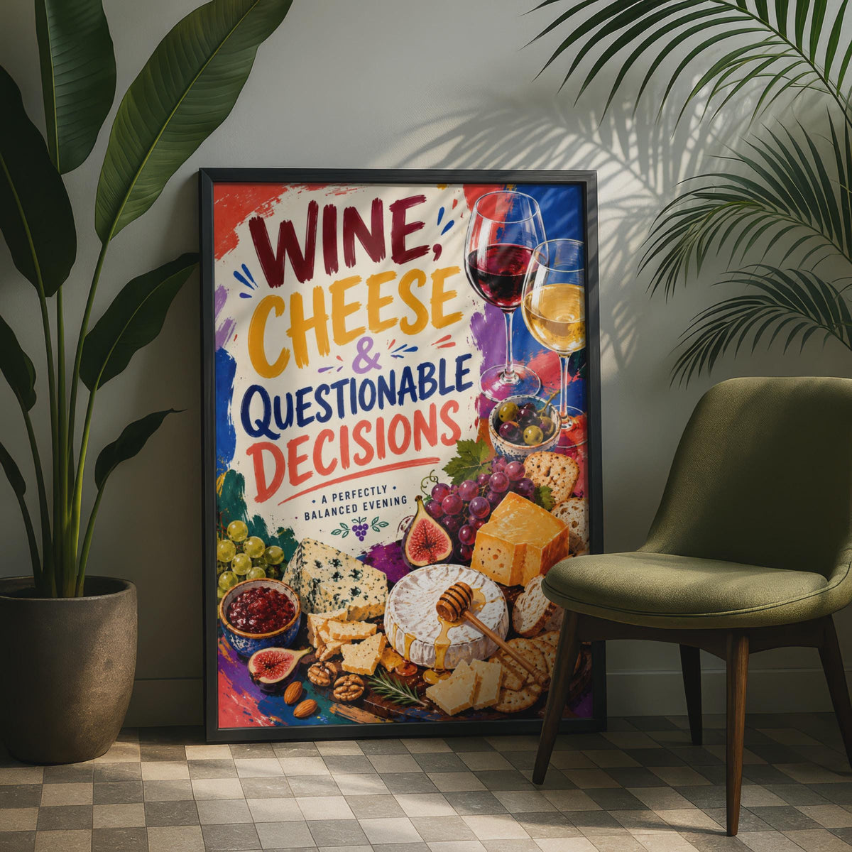 Wine Cheese Questionable Decisions Poster, Colorful Food Lover Wall Art (Print)
