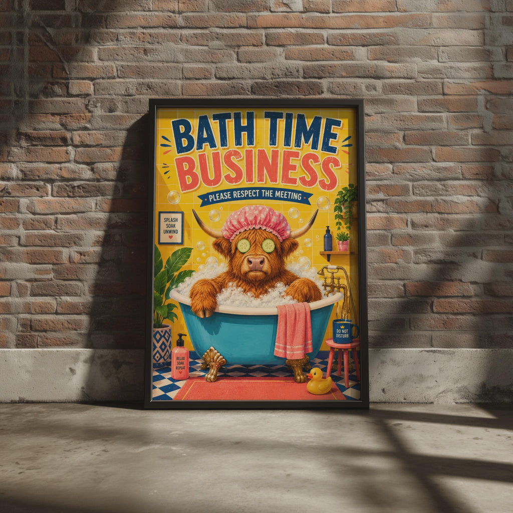 Highland Cow Bath Time Poster, Quirky Bathroom Wall Art Print (A4)
