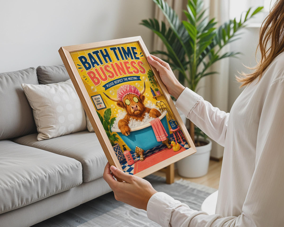 Highland Cow Bath Time Poster, Quirky Bathroom Wall Art Print (A4)