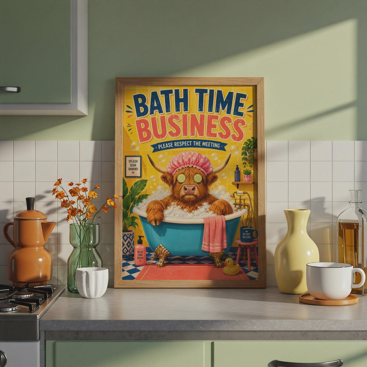 Highland Cow Bath Time Poster, Quirky Bathroom Wall Art Print (A4)