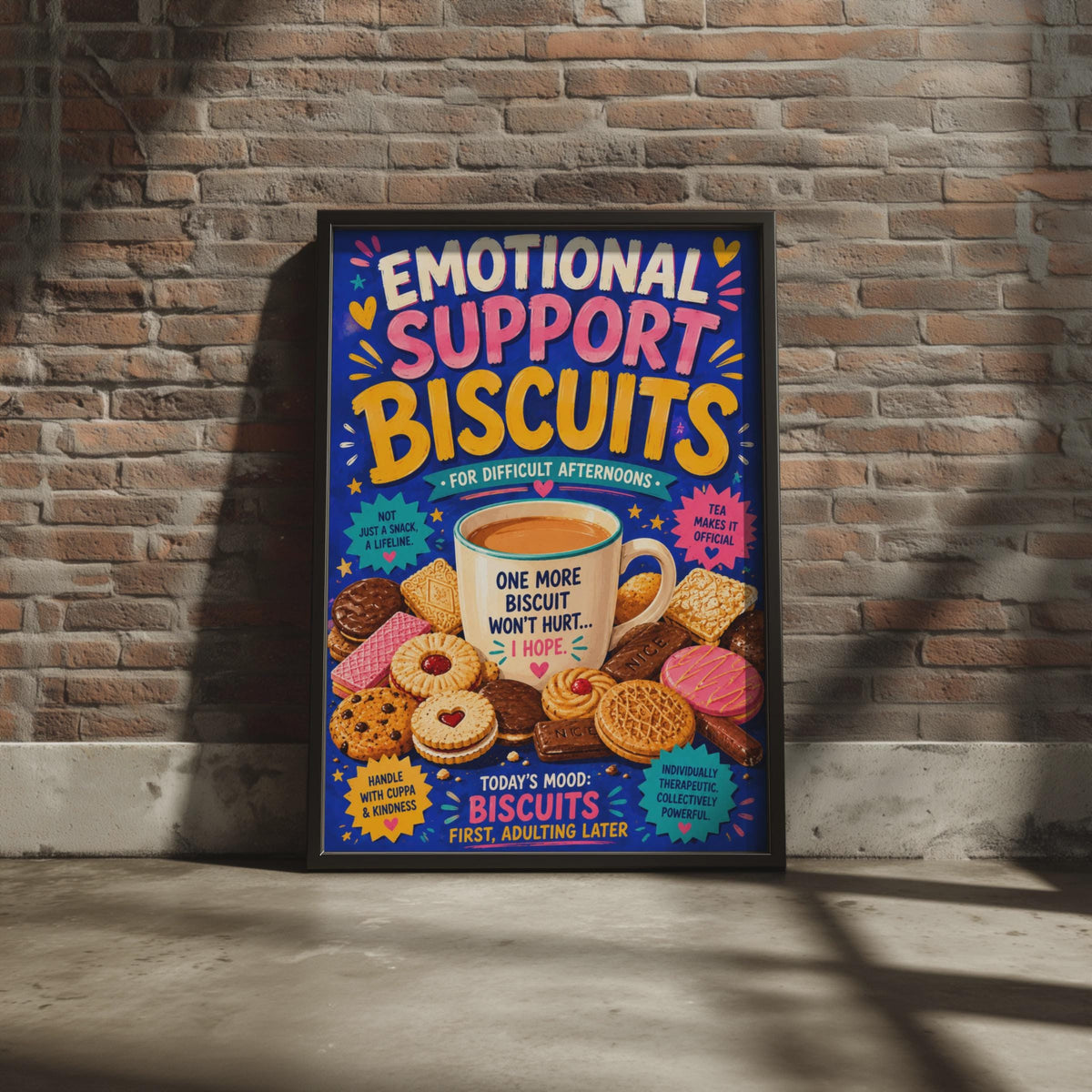Emotional Support Biscuits Tea Lover Poster, British Humour Kitchen Decor (Bold Colourful Print)