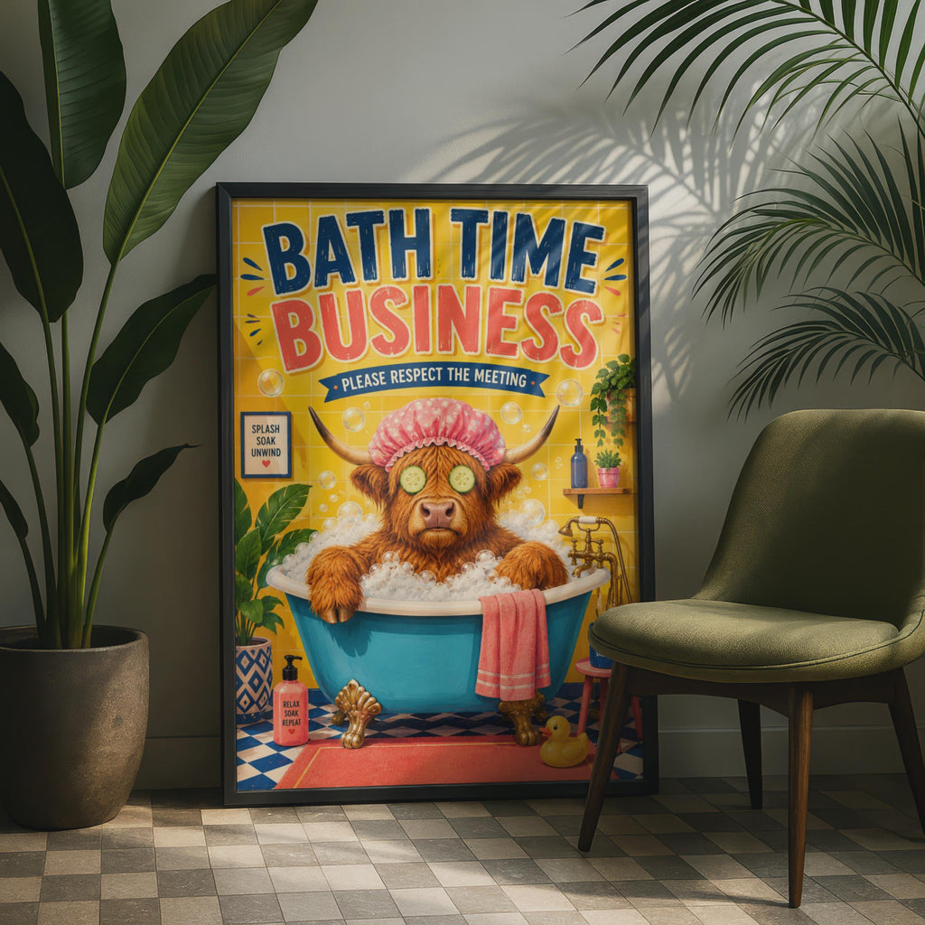 Highland Cow Bath Time Poster, Quirky Bathroom Wall Art Print (A4)