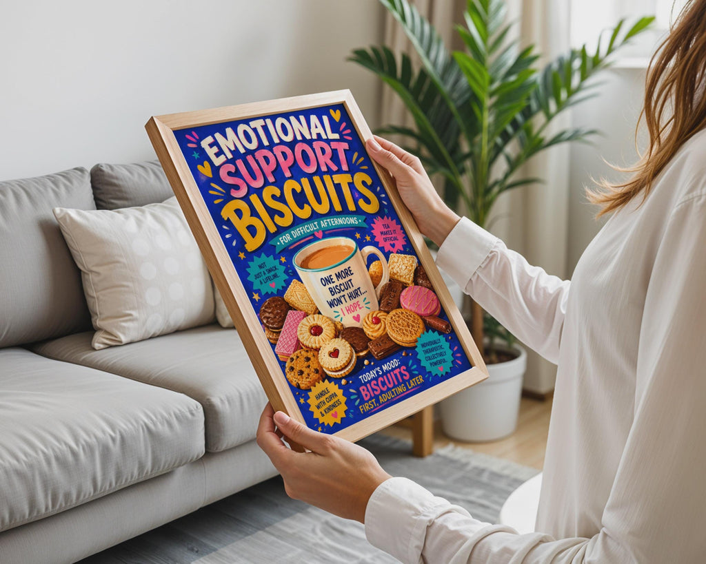 Emotional Support Biscuits Tea Lover Poster, British Humour Kitchen Decor (Bold Colourful Print)