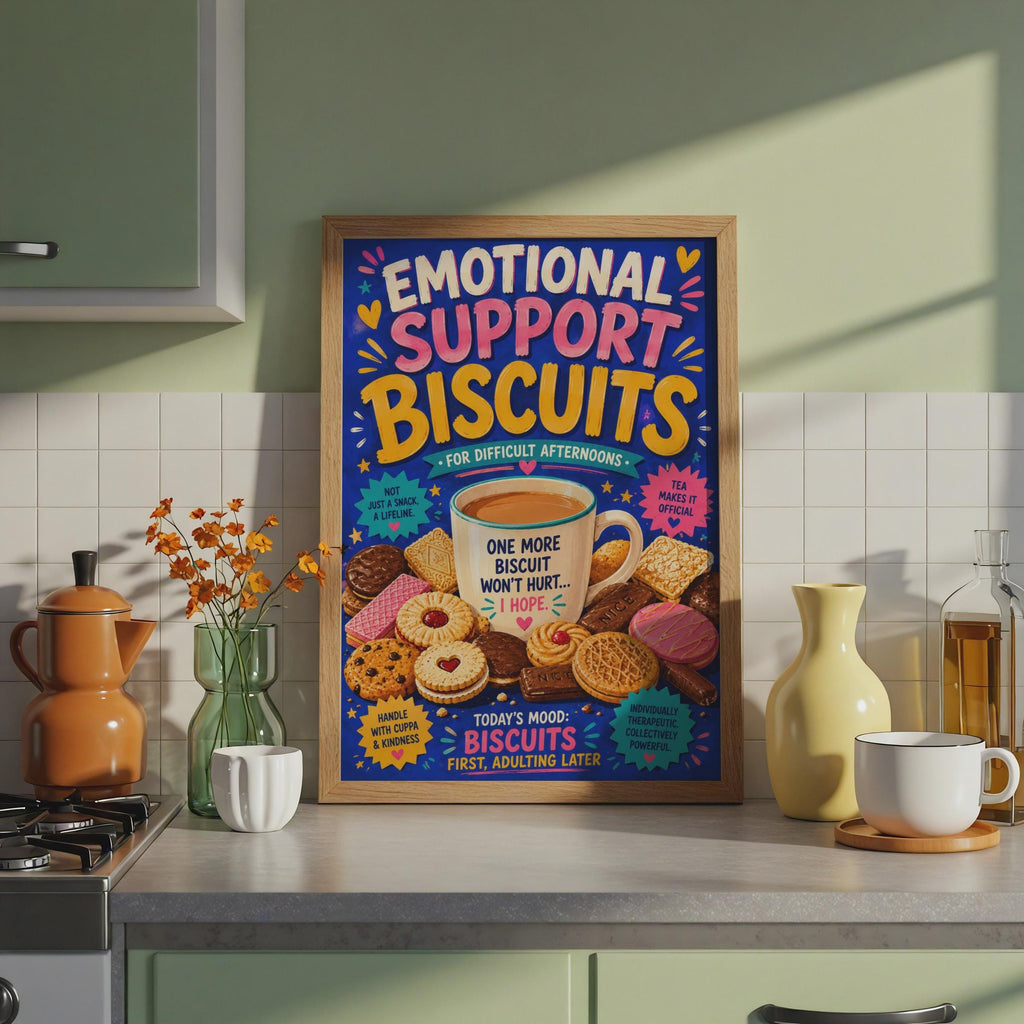Emotional Support Biscuits Tea Lover Poster, British Humour Kitchen Decor (Bold Colourful Print)