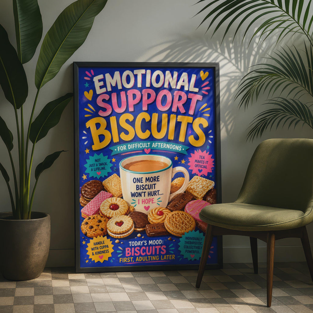 Emotional Support Biscuits Tea Lover Poster, British Humour Kitchen Decor (Bold Colourful Print)