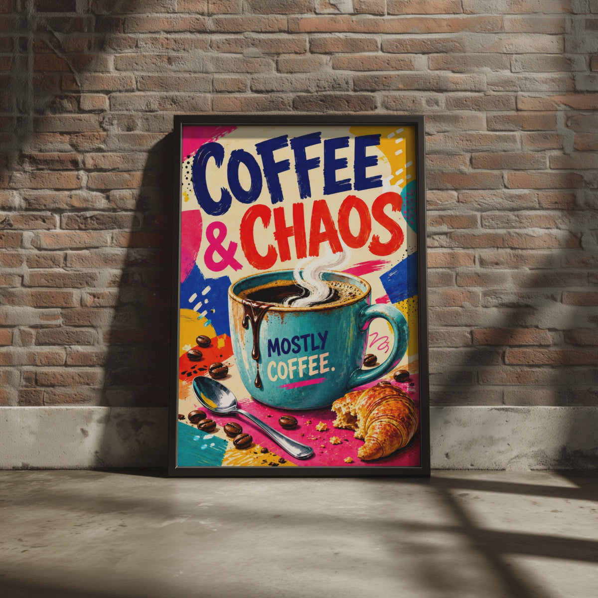 Coffee & Chaos Pop Art Poster, Bold Typography, Bright Kitchen Wall Art (Print)