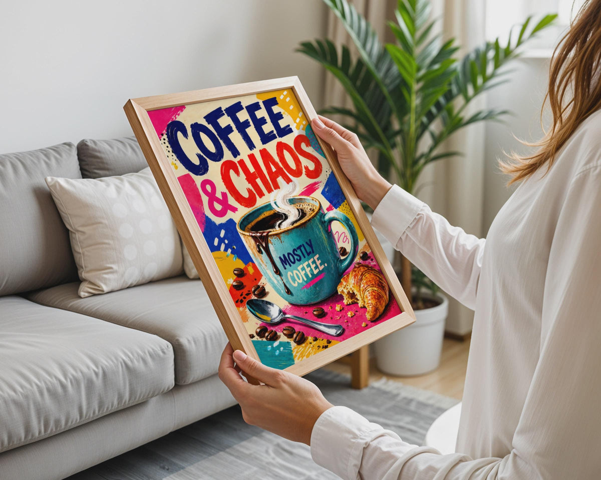 Coffee & Chaos Pop Art Poster, Bold Typography, Bright Kitchen Wall Art (Print)