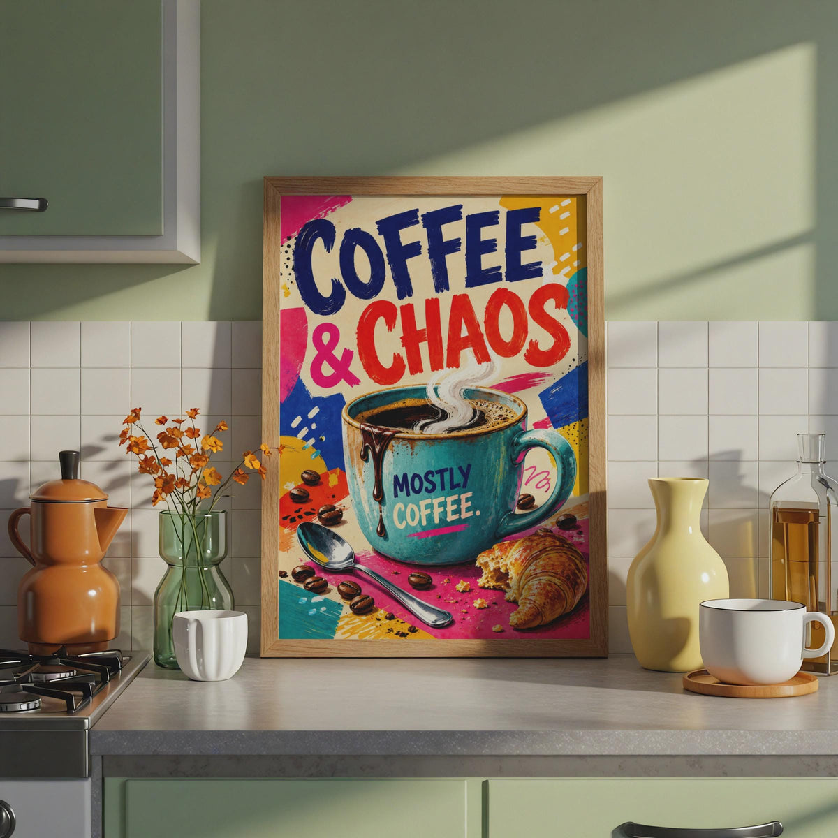 Coffee & Chaos Pop Art Poster, Bold Typography, Bright Kitchen Wall Art (Print)